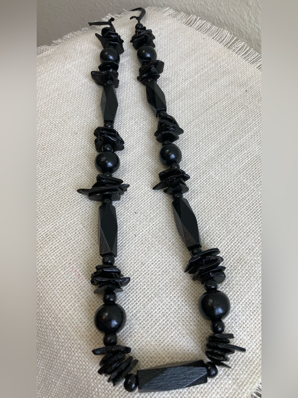 Long Wooden Bead Necklace Black Adjustable Cord Boho Statement Necklace